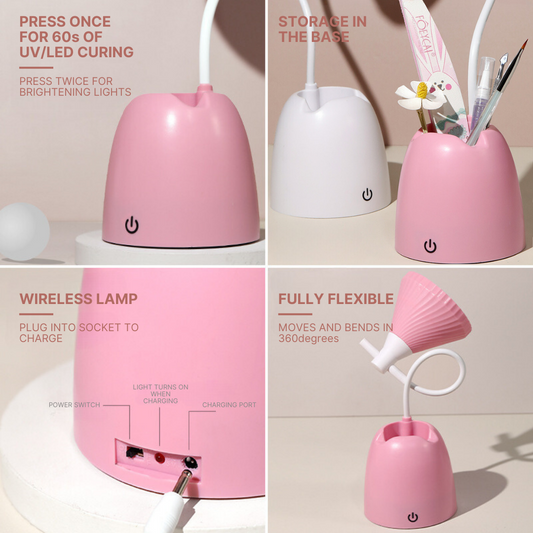 Compact pink UV/LED nail lamp with a press-on switch for 60 seconds of curing, perfect for professional and home manicure setups.
