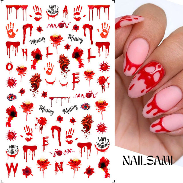 Bloody Beautiful - Horror & Splatter" nail stickers from NAILSAMI, featuring horror-themed designs such as dripping blood and eerie eyes, demonstrated on pink-themed nails.