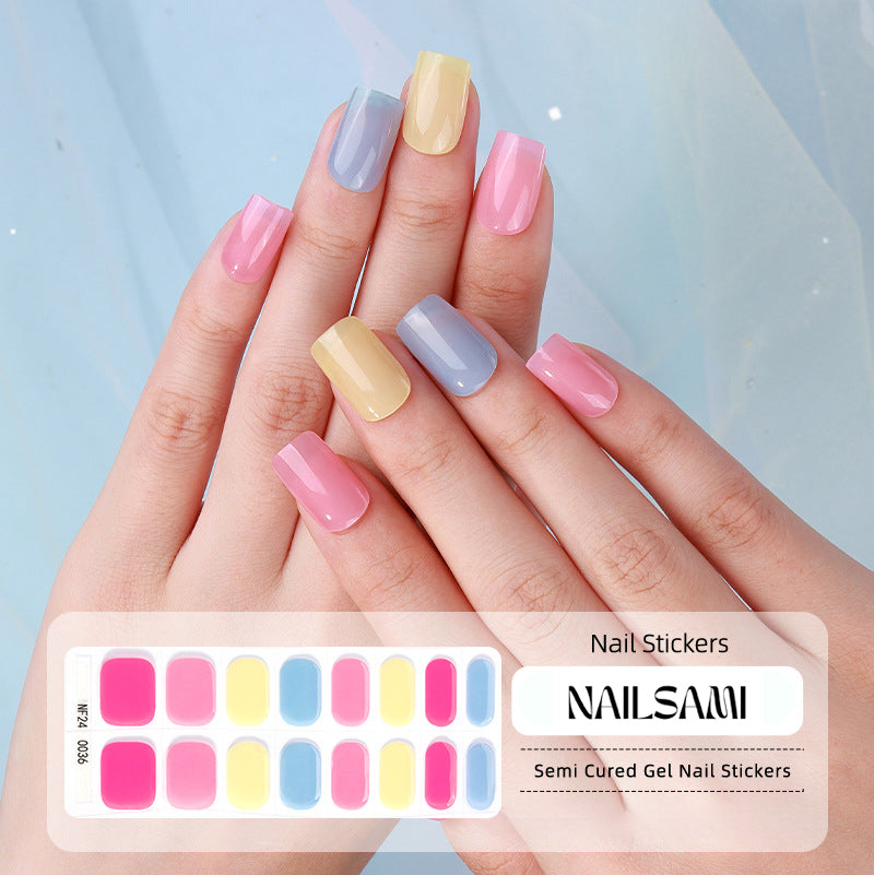 Hand with nails in a playful multicolor pastel gel nail sticker design, with a NAILSAMI gel nail sticker sheet displayed below featuring the same colorful design.