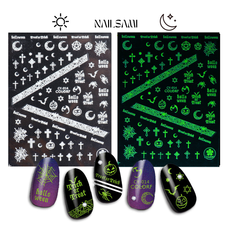 Glow-in-the-dark nail stickers from NAILSAMI with Halloween themes, including "Spooky" and "Boo" messages, suitable for adding a ghostly flair to any manicure.