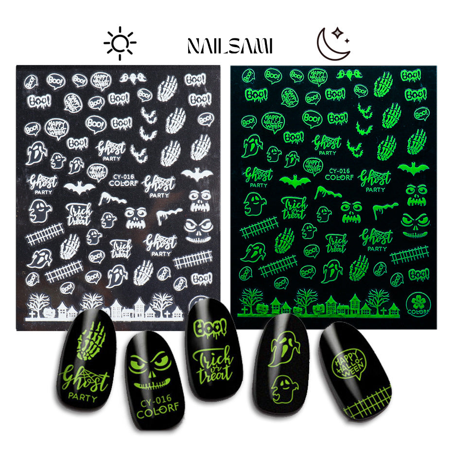 A pair of nail sheets by NAILSAMI, one under normal light with white designs and another under UV light showing glowing green Halloween patterns.