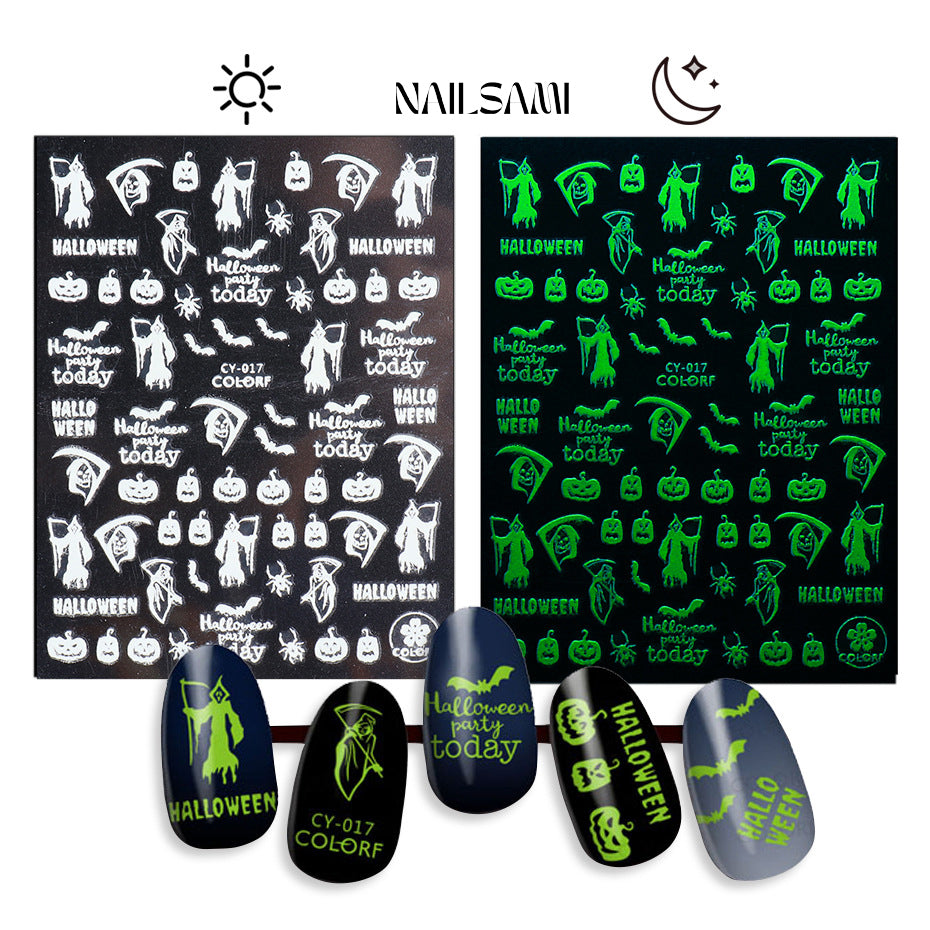 Two sheets of NAILSAMI Halloween nail stickers, with designs visible in both white and glowing green, featuring spooky elements like bats, ghosts, and Halloween greetings.