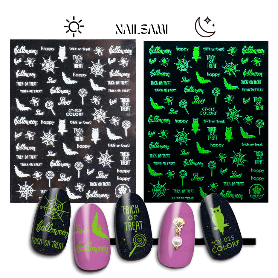 Two variants of NAILSAMI's Halloween nail stickers—one that glows green and another white in daylight—with playful Halloween graphics.