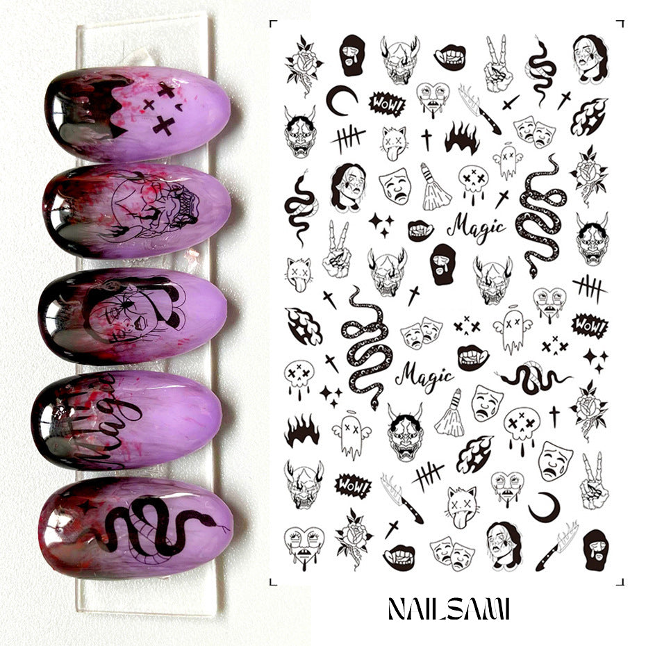 "Magic & Mystique - Mystical Symbols" nail stickers sheet from NAILSAMI featuring a variety of mystical symbols like skulls, moons, and magical gestures, displayed alongside examples on dark mystical-themed nails.