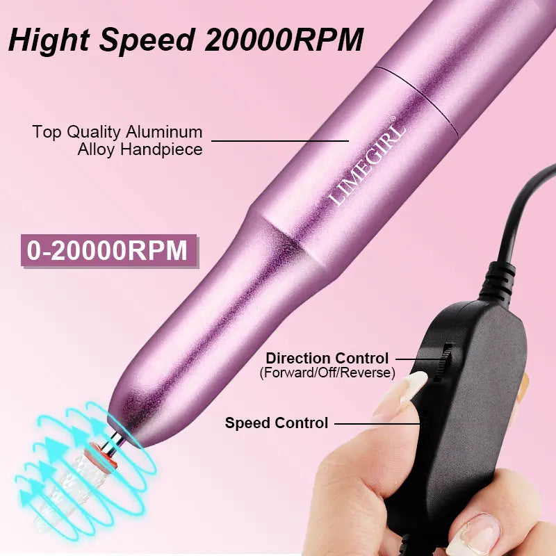 Limegirl 20000 RPM Electric Drill Portable Manicure Machine Mill Cutter Set for Manicure Nail Tips Nail Pedicure File NAILSAMI