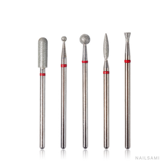 Five diamond-coated nail drill bit shapes on a white background