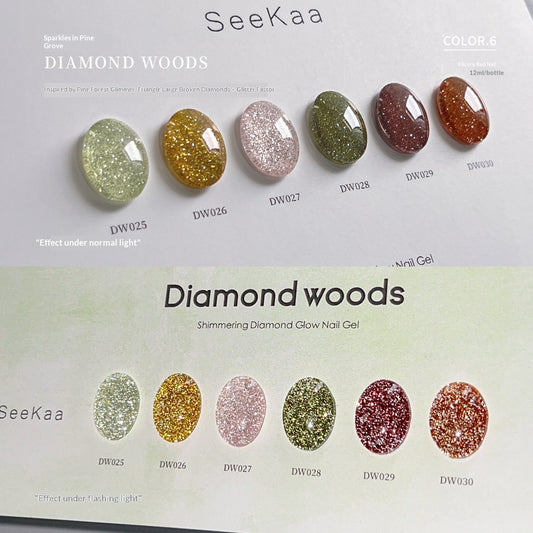 Diamond Woods gel polish colour chart showing DW025 through DW030 in normal and flash lighting