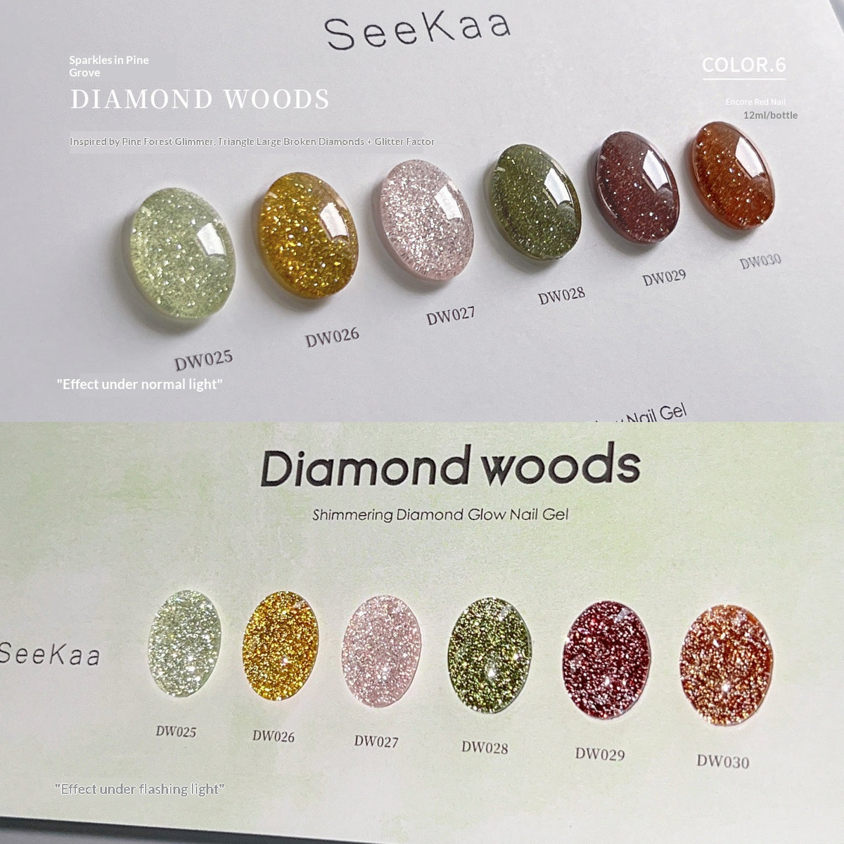 Diamond Woods gel polish colour chart showing DW025 through DW030 in normal and flash lighting