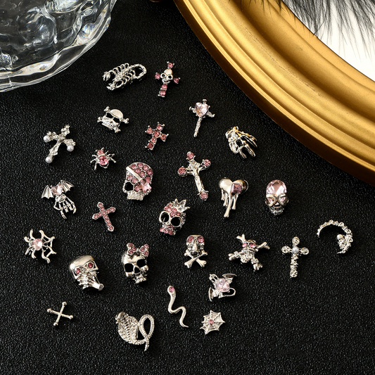 Gothic alloy nail charm assortment with skulls crosses spiders skeletons and moon motifs