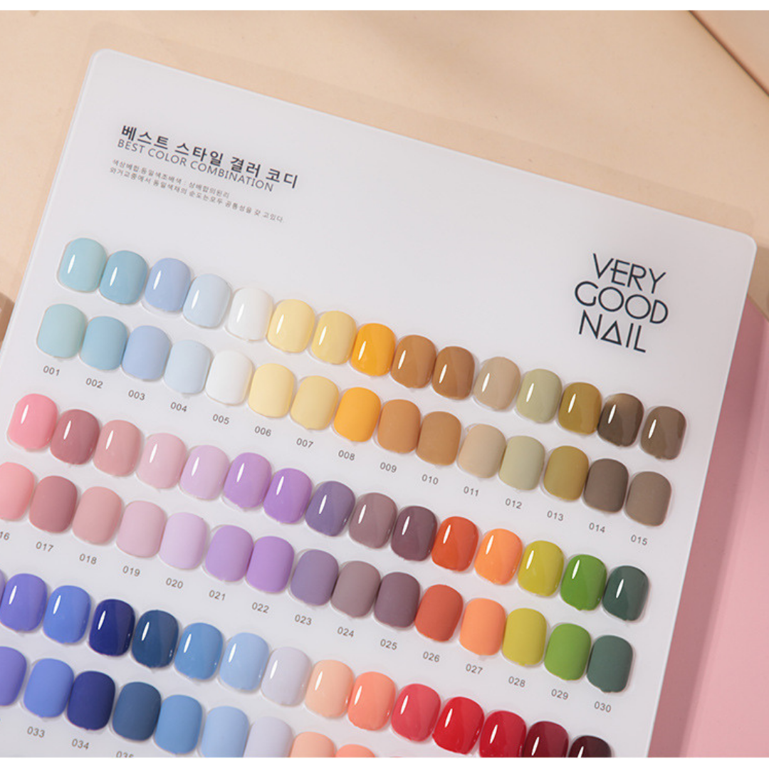 Very Good Nail 60-Color Korean Gel Polish Set displayed on a color swatch book, perfect for nail technicians and enthusiasts.