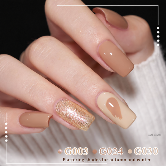 Xeijayi Caramel Cocoa Gel Polish shade G003 with gold glitter finish