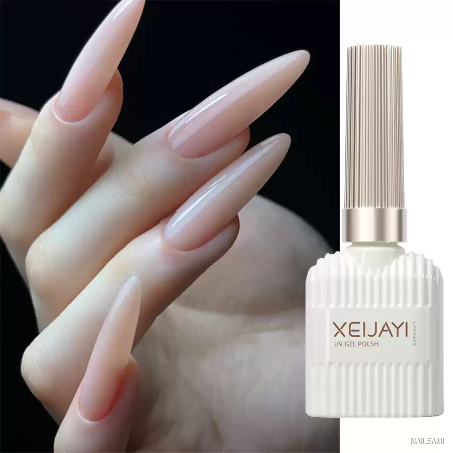 Xeijayi Divine Maiden sheer nude pink gel polish manicure and bottle