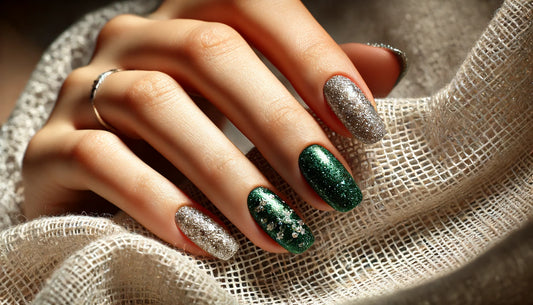 Close-up of hands with Cat Eye Gel Polish in a shimmering silver shade, showcasing the mesmerizing cat-eye effect. Below the hands are three nail polish samples demonstrating the same color and effect. 