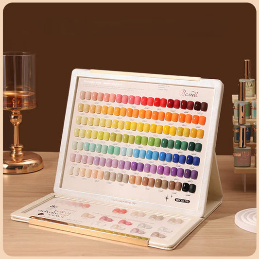 BOMD 88 Gel Polish Collection Display Card showing all 88 colours applied to fake nails on a 3D plastic dashboard.