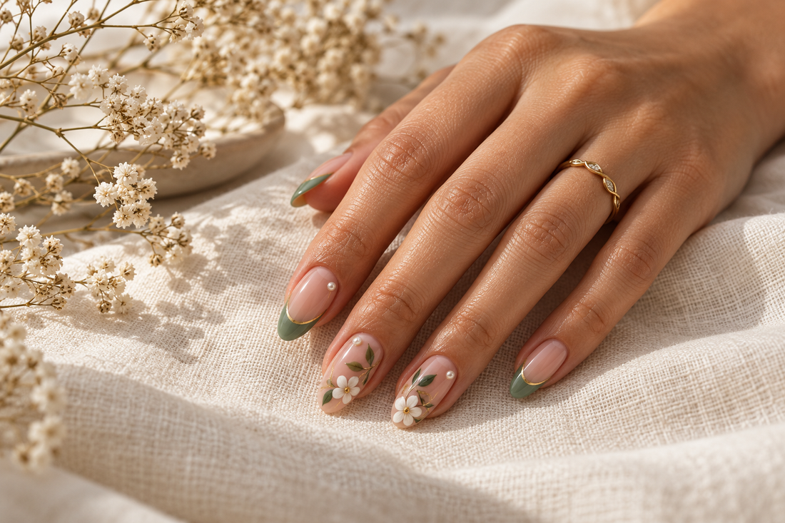 Almond nails with ivory flowers, sage green tips and fine gold botanical details