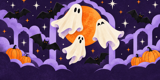 Cute Halloween nail ideas with ghosts, bats and purple paper-cut details