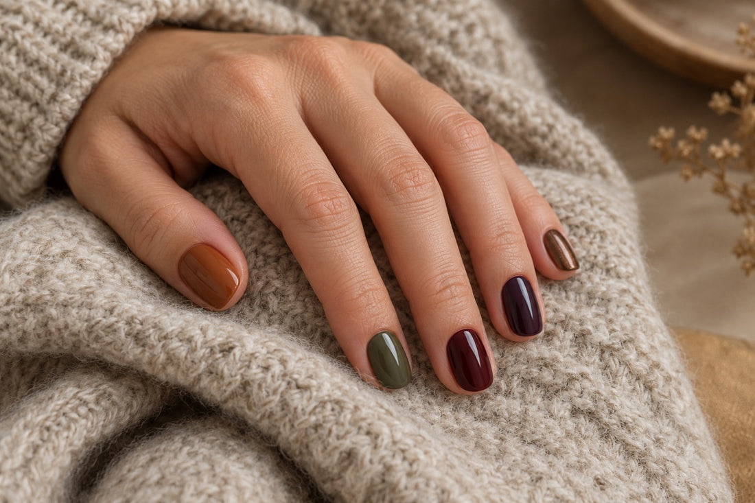 Fall nail colors on a natural hand with caramel olive oxblood plum and bronze manicure