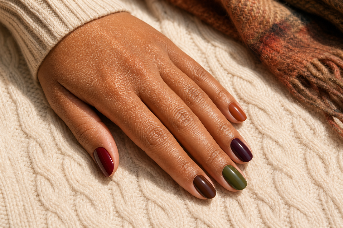 Fall nail colors in burgundy chocolate olive plum caramel and metallic finishes