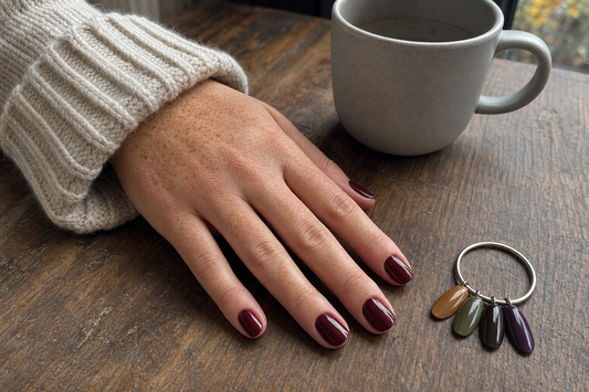 Fall nail colors with oxblood manicure and caramel terracotta olive and bronze swatches