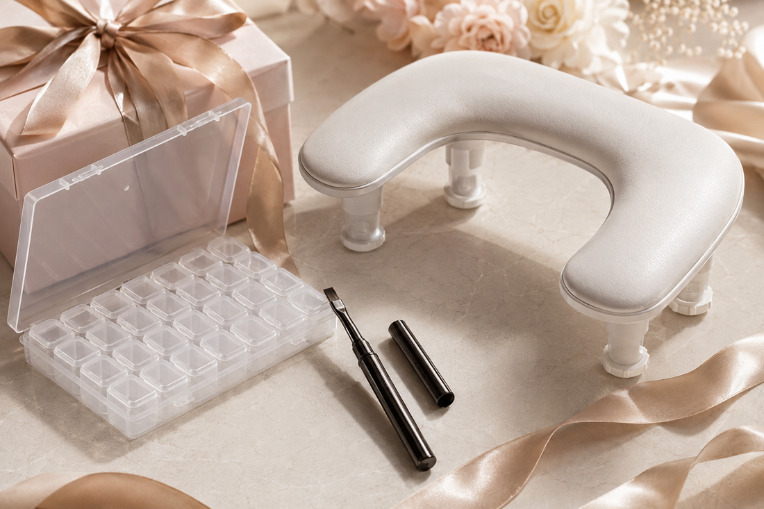 Premium gifts for nail techs with a manicure hand rest, nail art organizer, and professional brush set