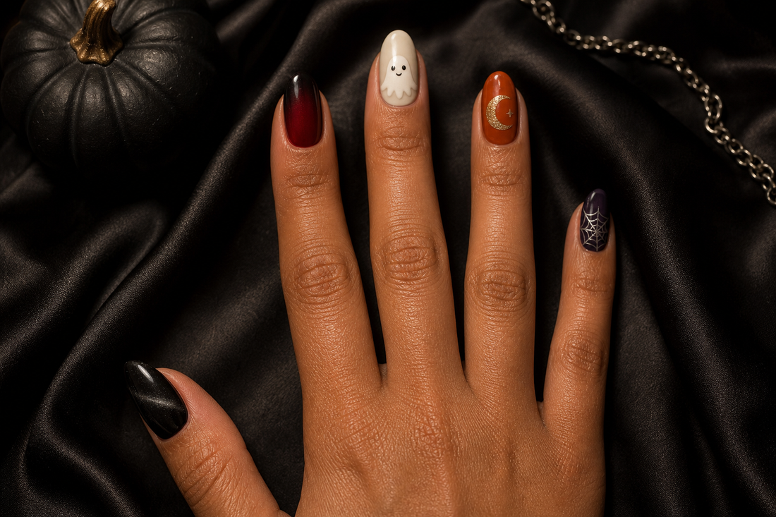Halloween nail ideas combining cute ghosts gothic black cat-eye and simple short designs