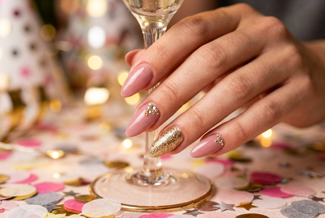 Birthday nails 2026 pink and gold glitter gel manicure with rhinestone accents