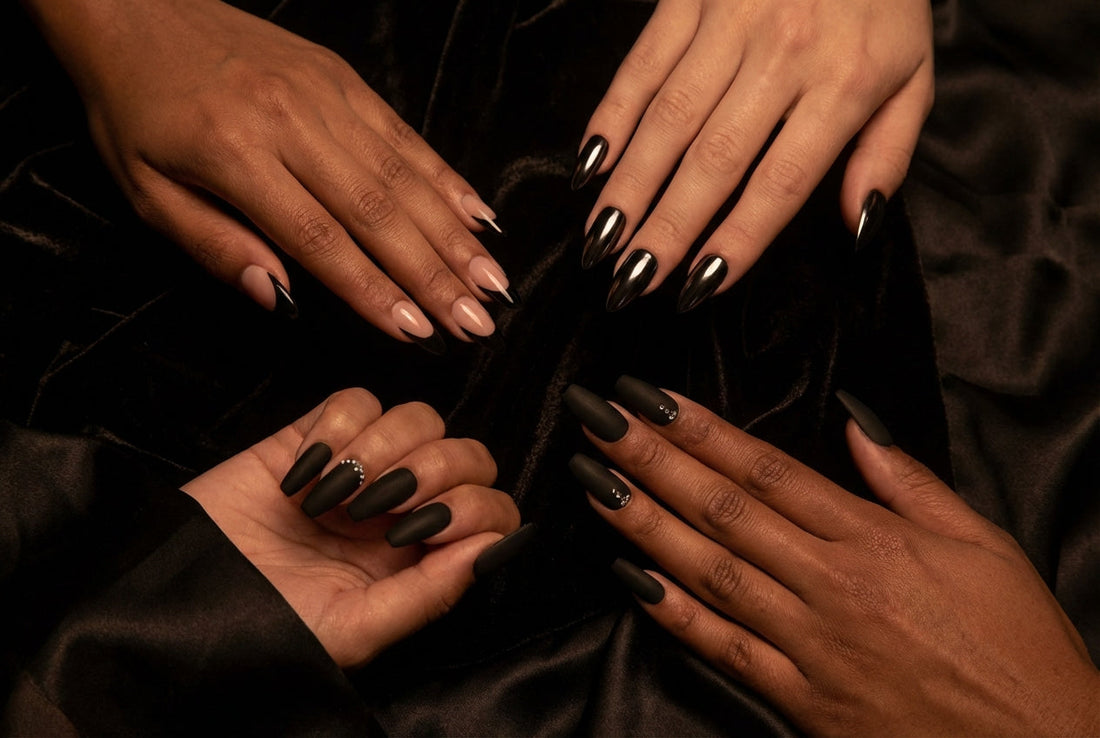 Black nail designs 2026 french tips chrome gothic matte glitter trending nail art