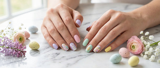 Pastel easter nails with lavender pink mint and yellow designs for Easter 2026