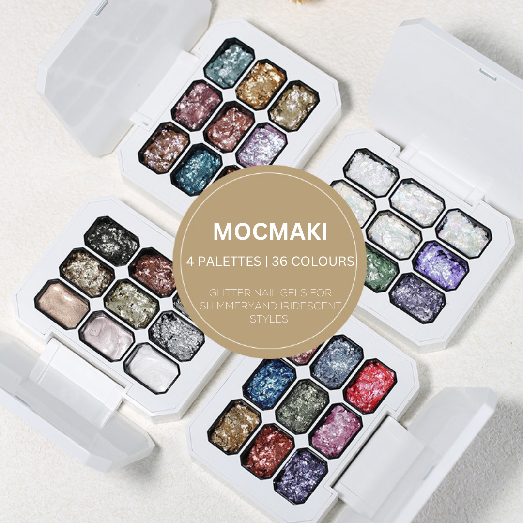 Four open palettes of glitter solid gel polish, each containing nine different shimmering and iridescent colors. The product label reads 'MOCMAKI 4 Palettes | 36 Colours - Glitter Nail Gels for Shimmery and Iridescent Styles.'