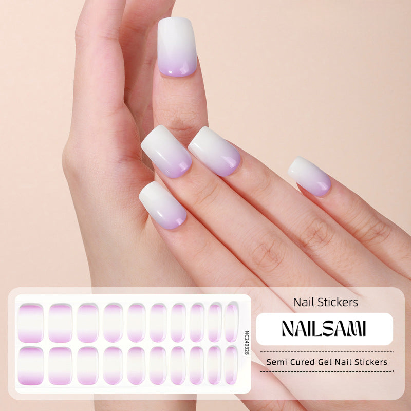 Hand with manicured nails showcasing a gradient purple and white semi-cured gel nail sticker design, with a NAILSAMI gel nail sticker sheet displayed at the bottom, featuring the same design.