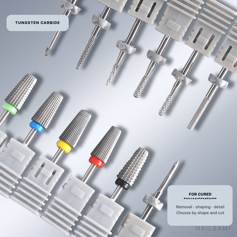 Assorted tungsten carbide nail drill bits for cured enhancement work