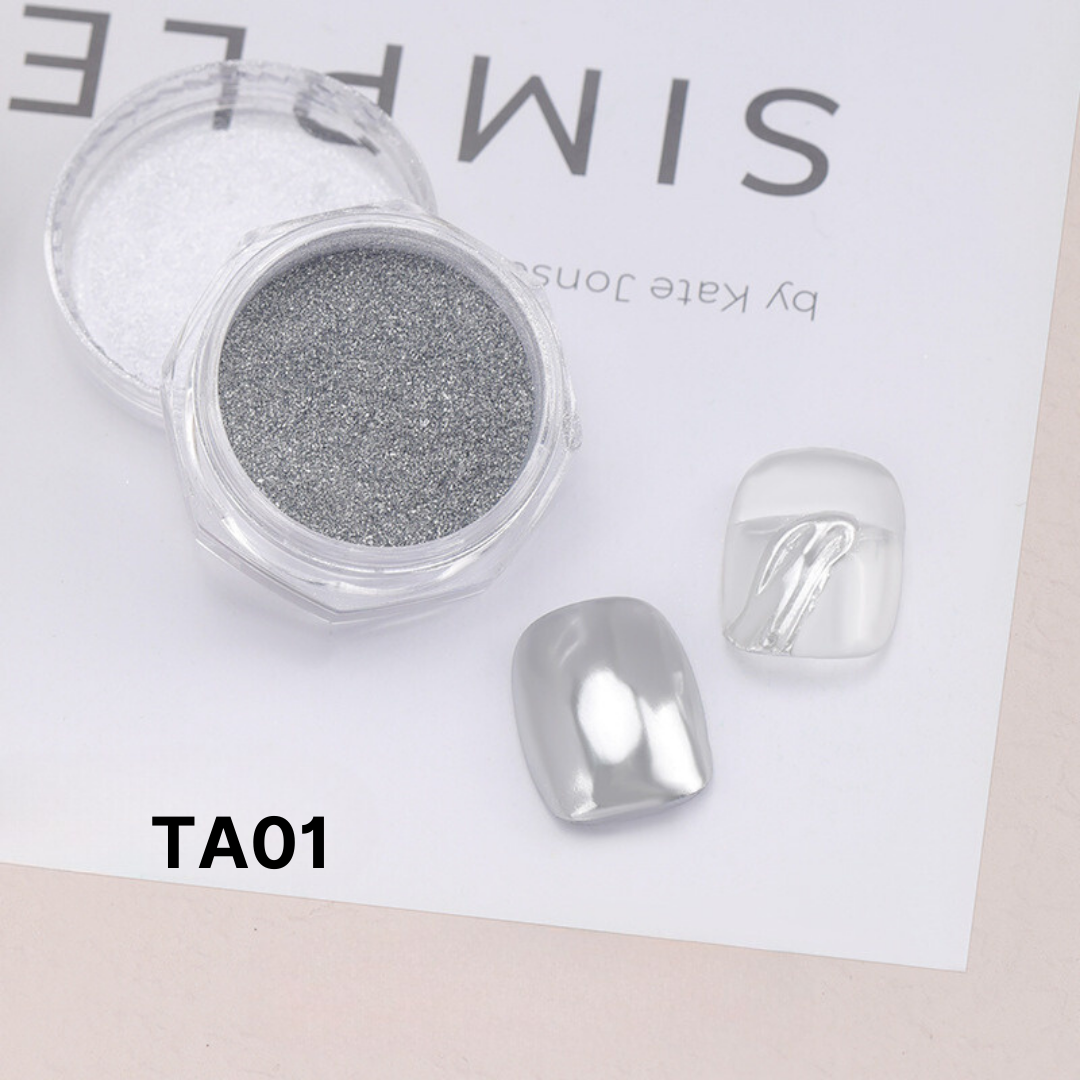 Bronze Mirror Chrome Powder displayed beside a bronze-polished nail, showcasing a rich metallic effect.