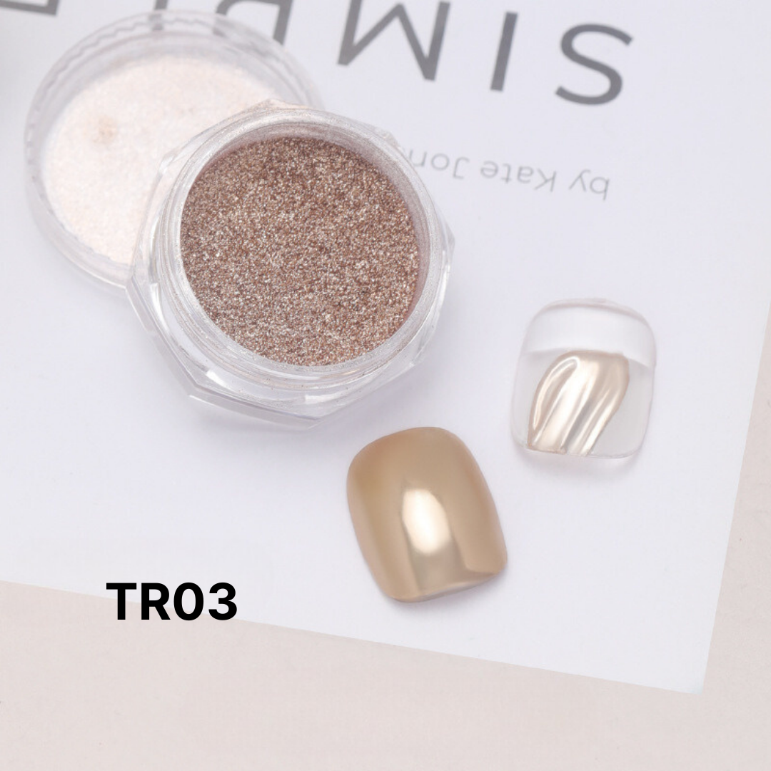 Vivid rose gold Mirror Chrome Powder, offering a shiny, reflective surface on nails for a trendy look.