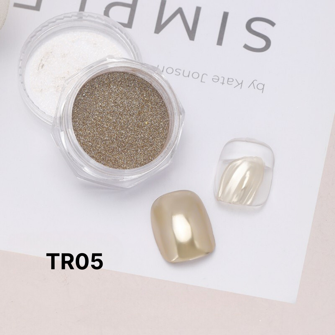 Champagne gold Mirror Chrome Powder shown next to a nail swatch, exuding sophistication with its muted metallic shine.