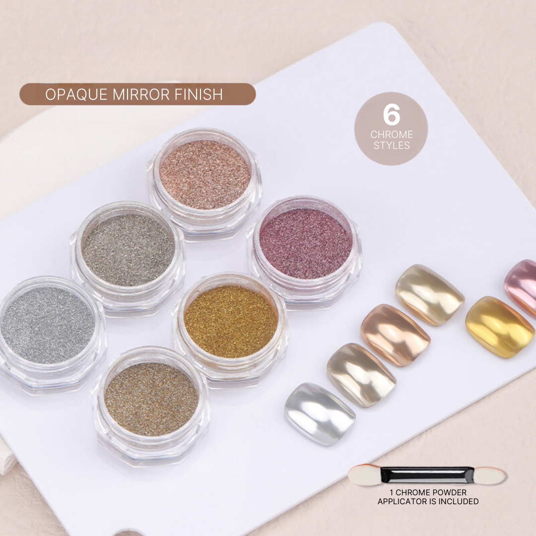 Mirror Chrome Powder in silver, presented in a small jar, creating a glossy metallic finish on sample nails.