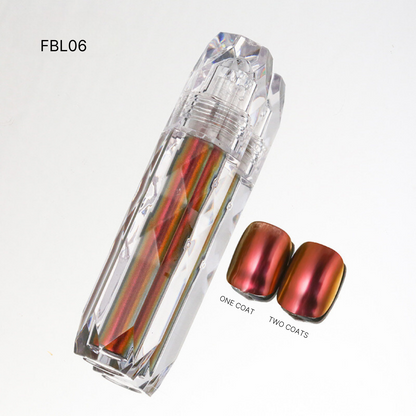 Variety of Liquid Chrome nail polishes in FBL06, displaying rich copper and green shades with a lustrous chrome effect.
