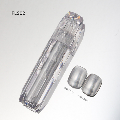 Liquid Chrome nail polish FLS02, showcasing classic silver and gold chrome finishes, perfect for sophisticated, mirrored nails.