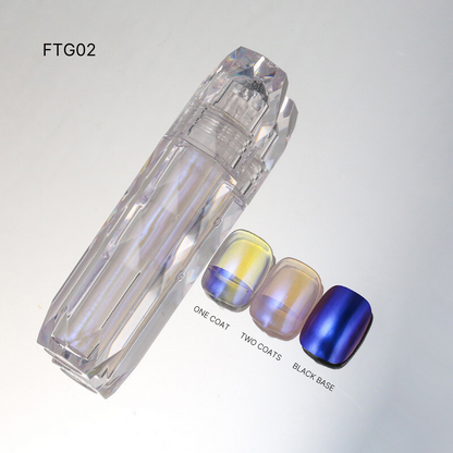 Liquid Chrome nail polish FTG02, showcasing classic silver and gold chrome finishes, perfect for sophisticated, mirrored nails.
