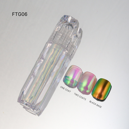 FTG06 displaying multicolored Liquid Chrome nail polishes in vibrant green and pink, perfect for creating bold, eye-catching nail art.