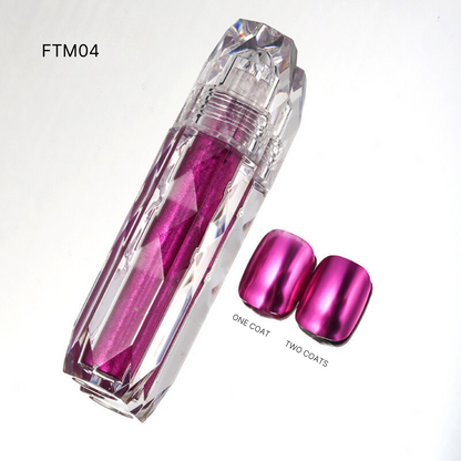 FTM04 shows off Liquid Chrome nail polishes in bold magenta, perfect for statement-making vibrant nail art.