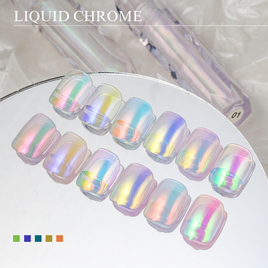 Display of Liquid Chrome nail polish, featuring an array of iridescent colors reflecting light with a shiny metallic finish.