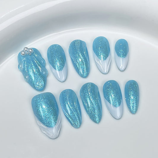 Elegant Blue Glitter Press-On Nails | 3D Pearl