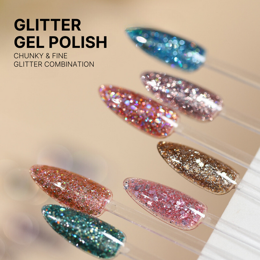 Showcase of the Glitter Gel Polish 12-Color Collection, featuring an array of sparkling nail colors from silvers to blues, each richly infused with a mix of fine and chunky glitter for a dazzling manicure