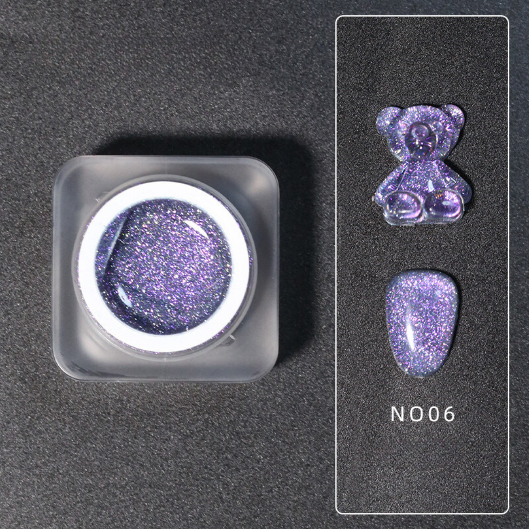 Diamond Gel Nail N006, a lavender glitter gel polish in a white container, showcased elegantly on a dark background with a cute teddy bear top.