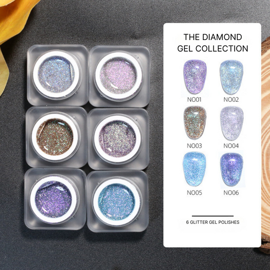 Diamond Gel Nail Collection packaging showcasing six jars of glitter gel polishes with shades named from N001 to N006 for enhanced nail beauty.