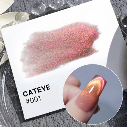 Magnetic Cateye Polish #001, shifting multicolor hue under different lights, showcasing vibrant nail art innovation.