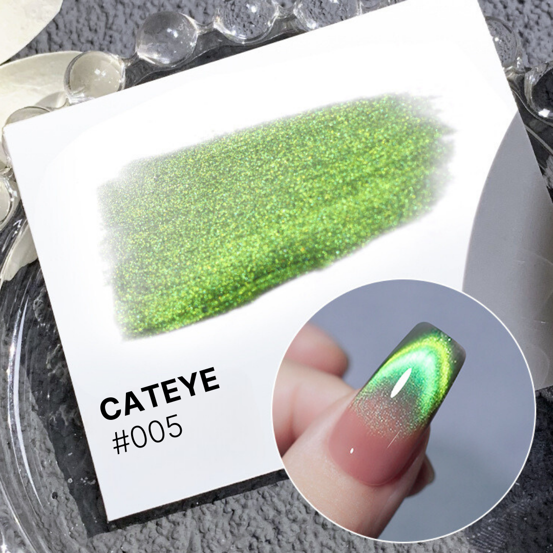 Green Magnetic Cateye Polish #005, showcasing a unique color shift, ideal for fresh and lively nail styles