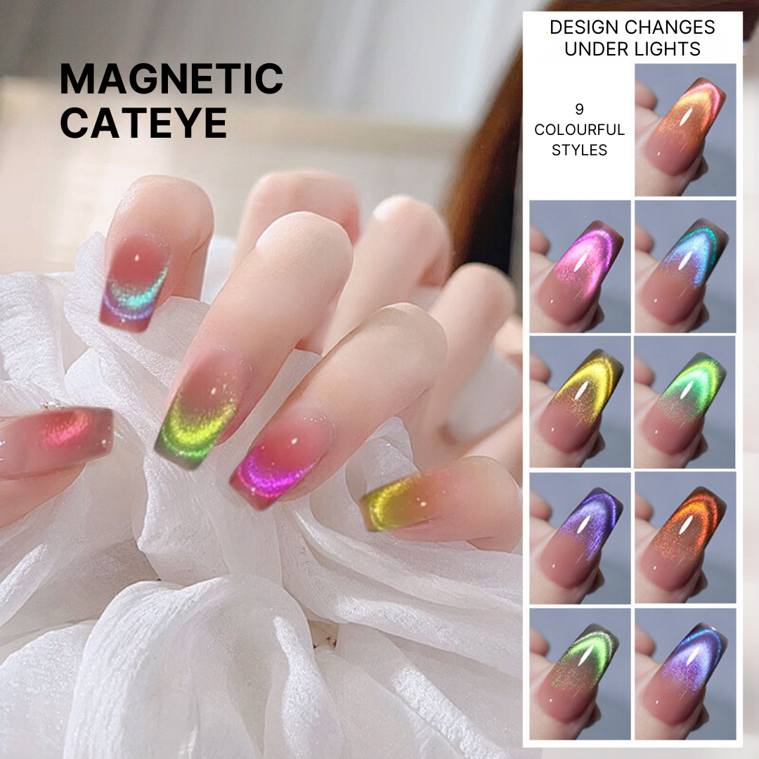 Assorted collection of Magnetic Cateye Polishes showing a spectrum of color-shifting effects under different lighting, ideal for creating dramatic and eye-catching manicures.