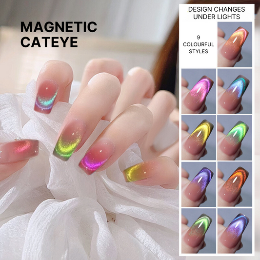 Assorted collection of Magnetic Cateye Polishes showing a spectrum of color-shifting effects under different lighting, ideal for creating dramatic and eye-catching manicures.