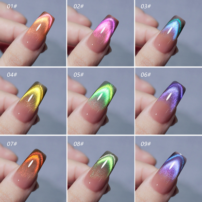 Variety of Magnetic Cateye Polish shades displayed on nails, demonstrating their unique magnetic effects that create stunning, multidimensional color shifts perfect for stylish nail art.